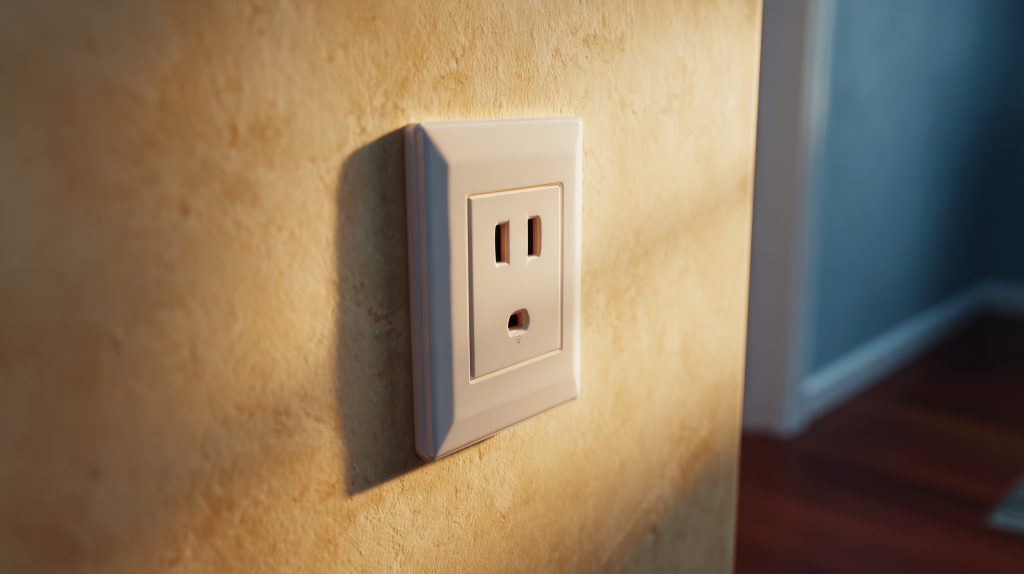 close up of a white electrical outlet on a textured wall warm sunlight casting soft shadows in a cozy indoor setting photo close up of a white electrical outlet on a textured wall warm sunlight casting soft shadows in a cozy indoor setting photo
